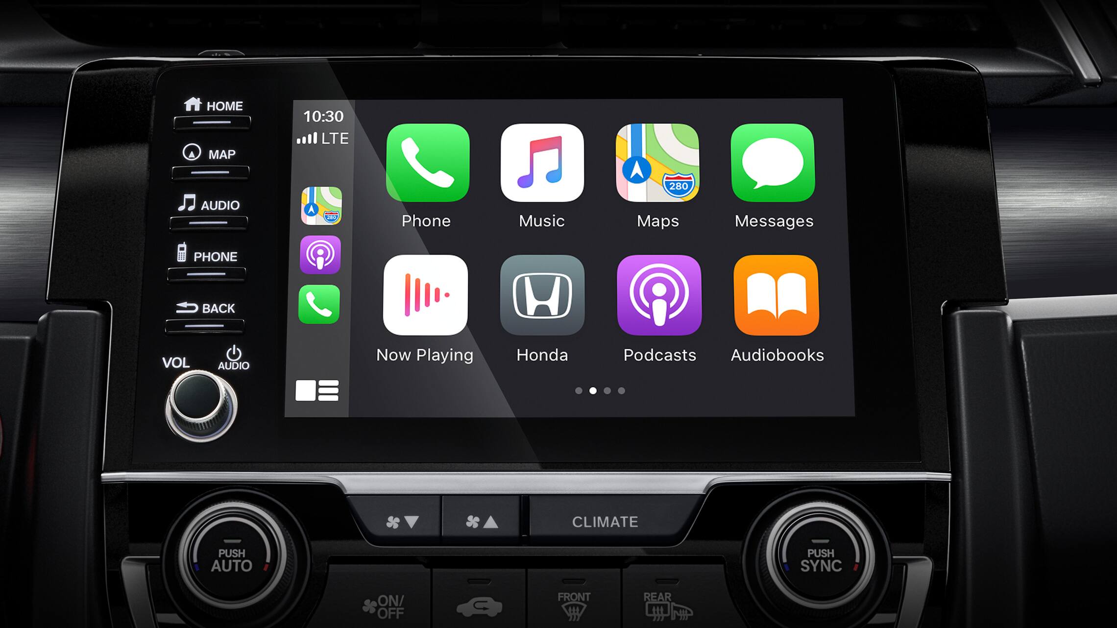 Detalle de pantalla de Apple CarPlay® en el sistema de audio con pantalla táctil del Honda Civic Sport Touring Hatchback 2021.