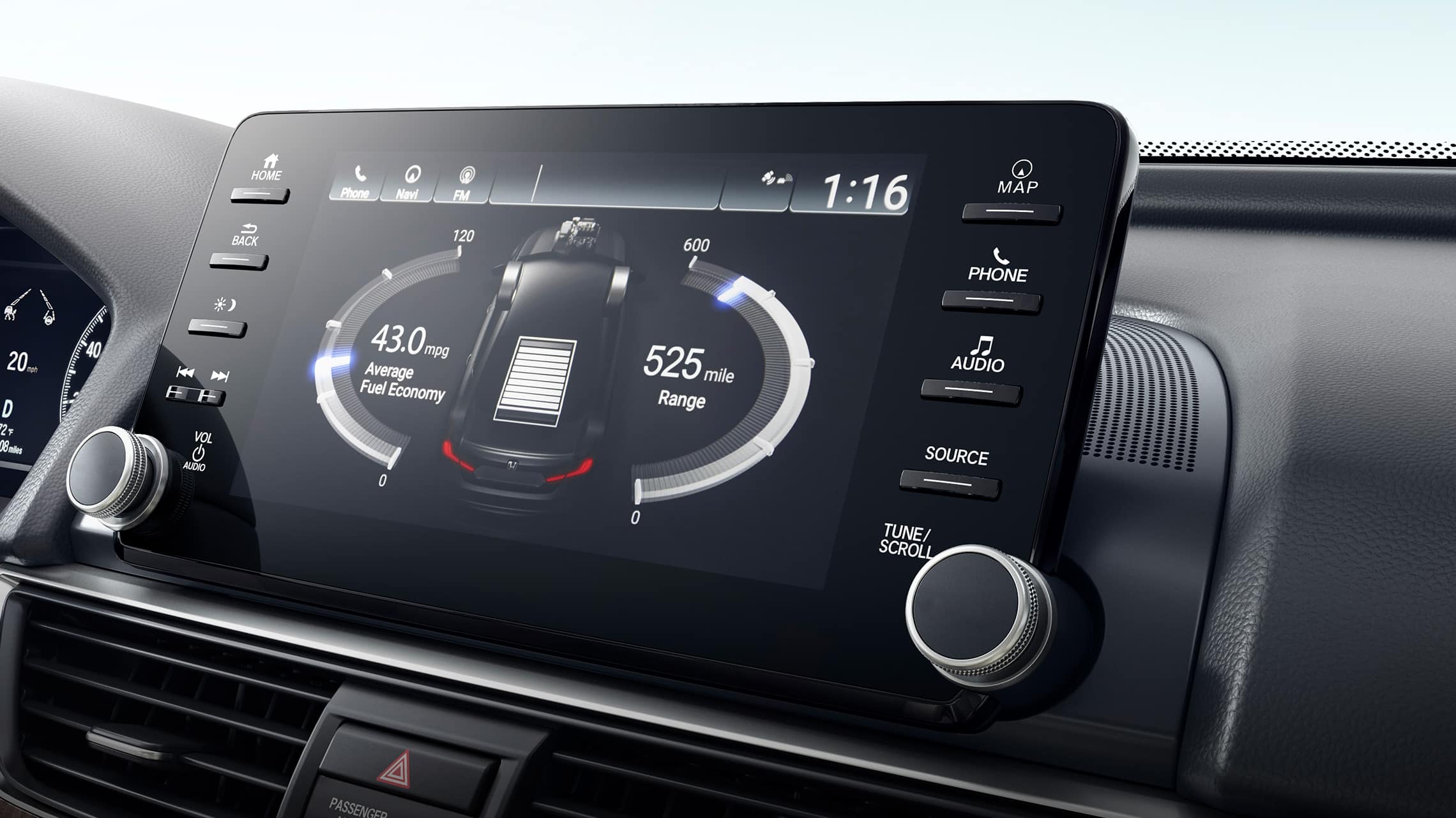 Display Audio touch-screen detail displaying hybrid power flow in the 2021 Honda Accord Hybrid Touring.